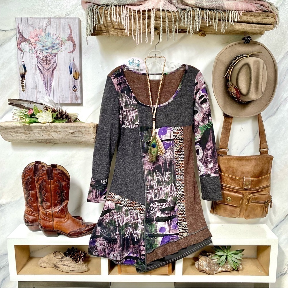 Artisan RARE Rustic PATCHWORK boho mini dress/tunic w farmhouse vibes